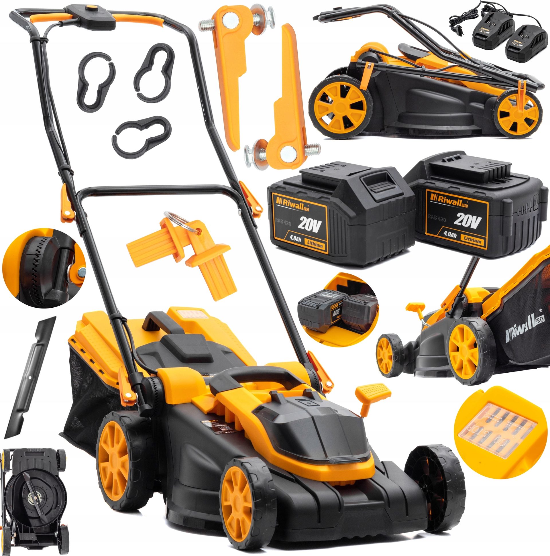 Riwall leistungsstarker Akku-Rasenmäher 40V 8Ah 38cm Set mit Ladegeräten und Akku