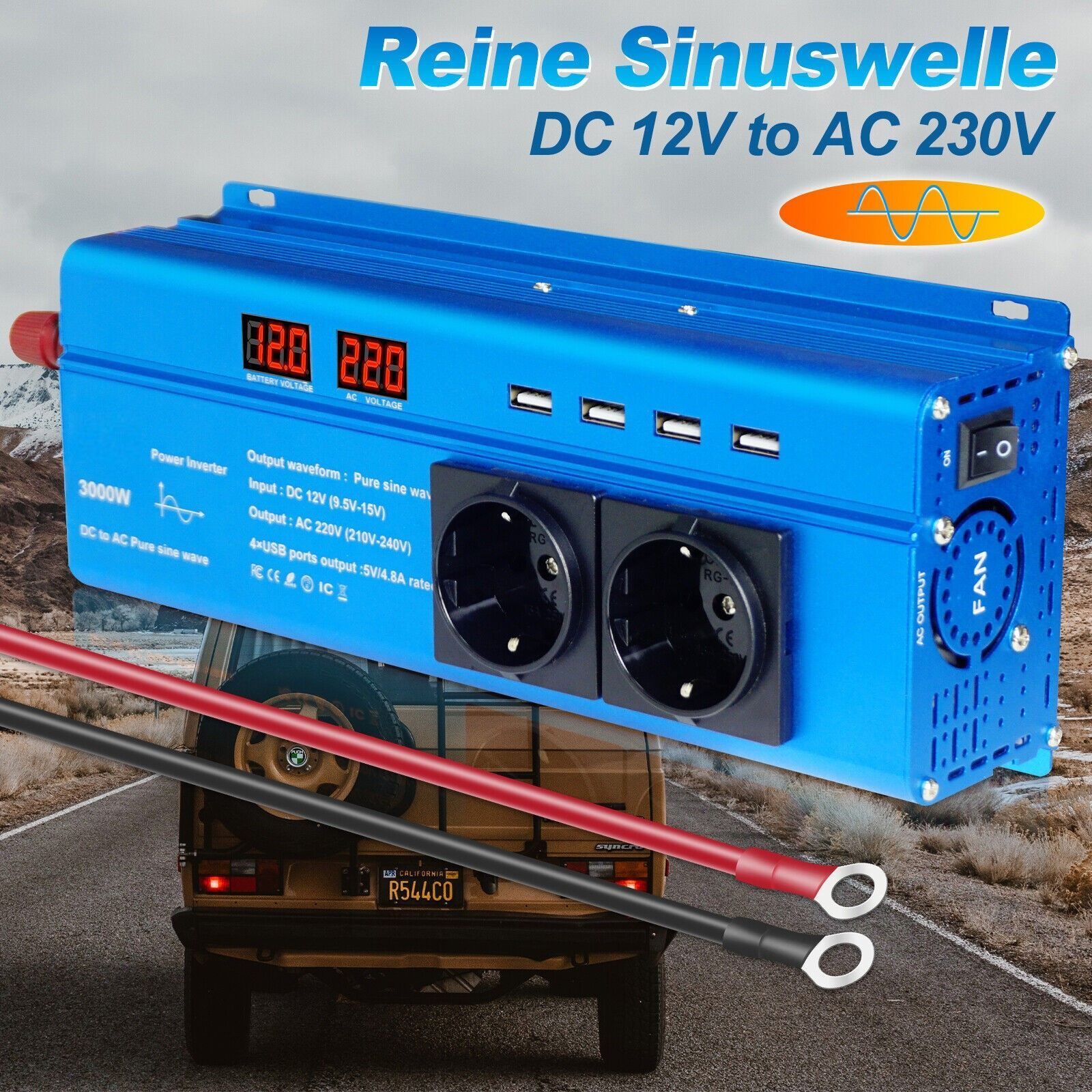 Voltage Converter 1500W 3000W Pure Sine Wave 12V - 230V Inverter 4USB 2AC