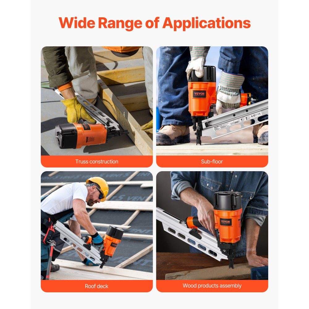 Air Nailer 50 to 90mm 21 Degree Round Head Pneumatic Nail Gun with Dual Trigger Modes and Depth Adjustment 80-120 PSI Pro Air Nailer for Framing, Flooring and Decking