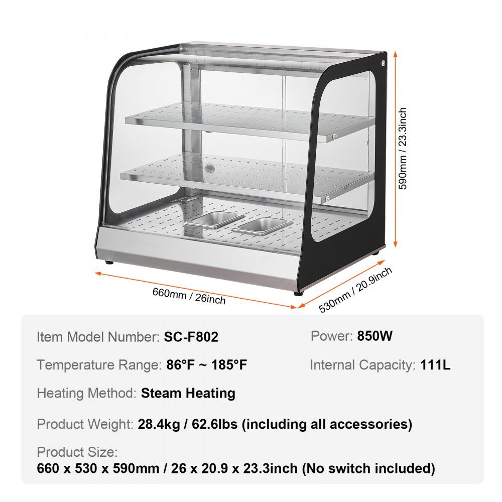 2 Stage Commercial Food Warmer, 850W Food Warmer with Tempered Glass and Steam Heater, Temperature Control from 30°C to 85°C, 111L Large Capacity for Hamburger, Pizza, Bread, Chicken