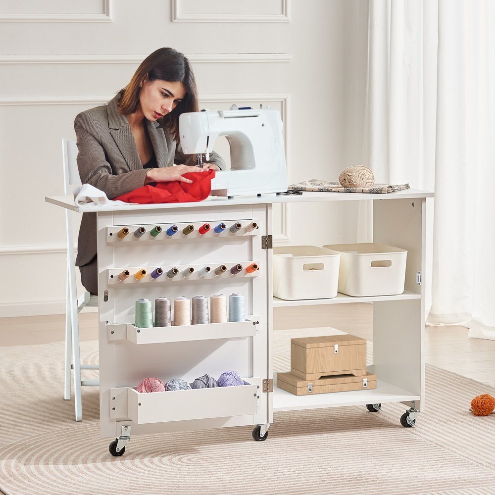 Opvouwbare naaitafel Multifunctionele naaimachinetafel met wielen en planken en opbergvakken en houten pennen en magnetische deuren, naaimachine wit (1170 x 400 x 778 mm)