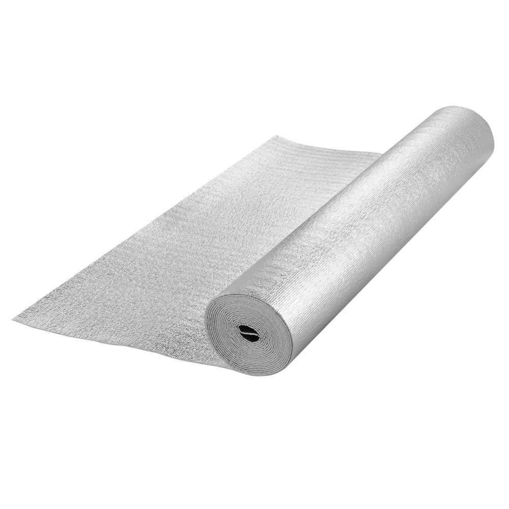 Podwójna odblaskowa rolka izolacyjna, bariera promiennikowa z rdzeniem piankowym, 3,2 mm, 48" x 25 stóp, dwustronny znak odblaskowy wykonany z folii aluminiowej i pianki EPE, rolka termoizolacyjna do okien i dachów samochodów kempingowych