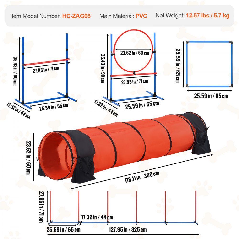 Dog Agility Training Equipment, 5 Piece Upgrade Set with Adjustable High Hurdles, 6 Slalom Poles, Extended Tunnel, Jump Ring, Brake Box, Whistle, Foldable Bowl, Puppy Obstacle Course Set with Storage Bag