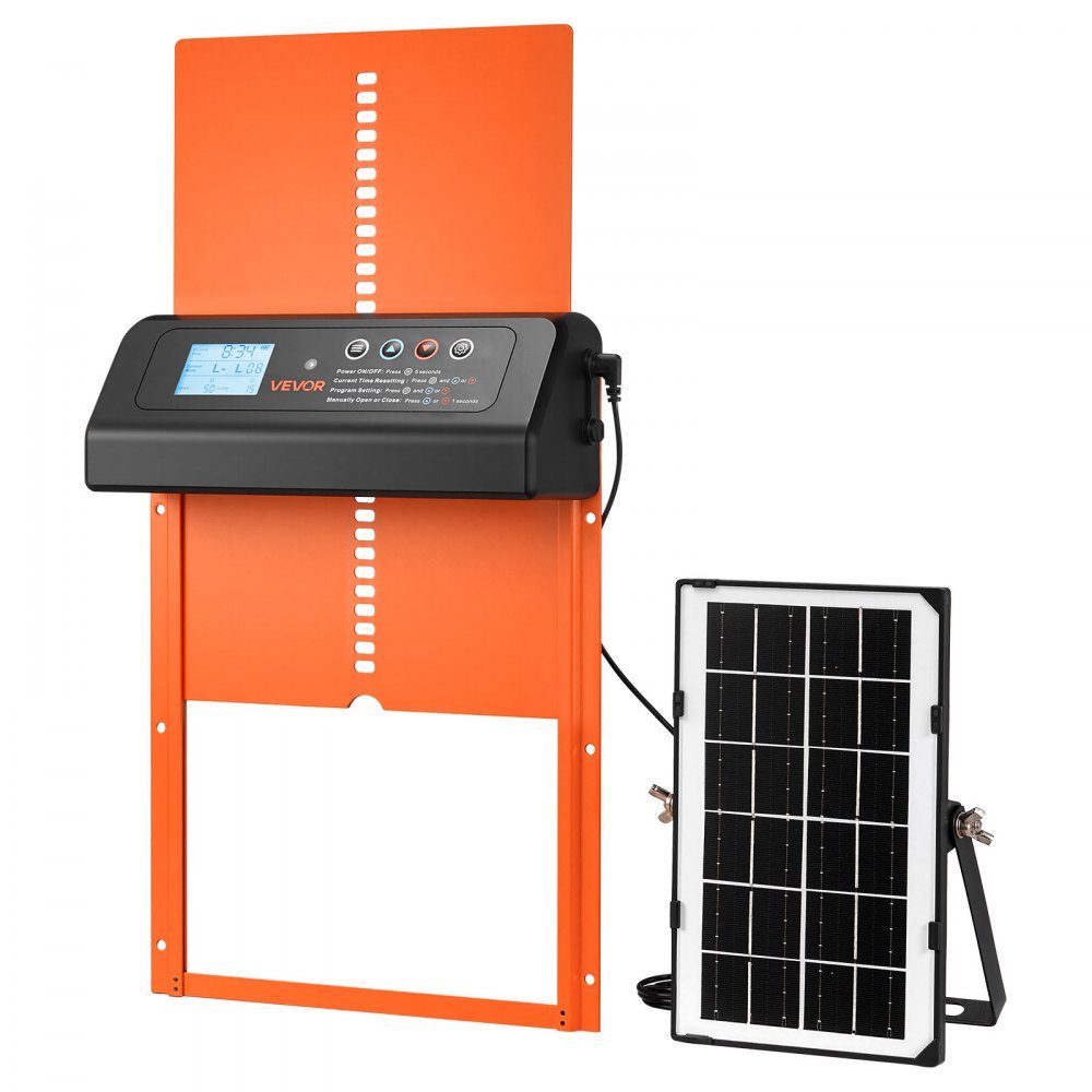Chicken Flap, Solar and Battery Powered Chicken Door with LCD Display, Remote Control, Light Sensor and Timer, Anti-Pinch, Aluminum Alloy Chicken Coop Door, 350 x 250 x 73mm, Orange