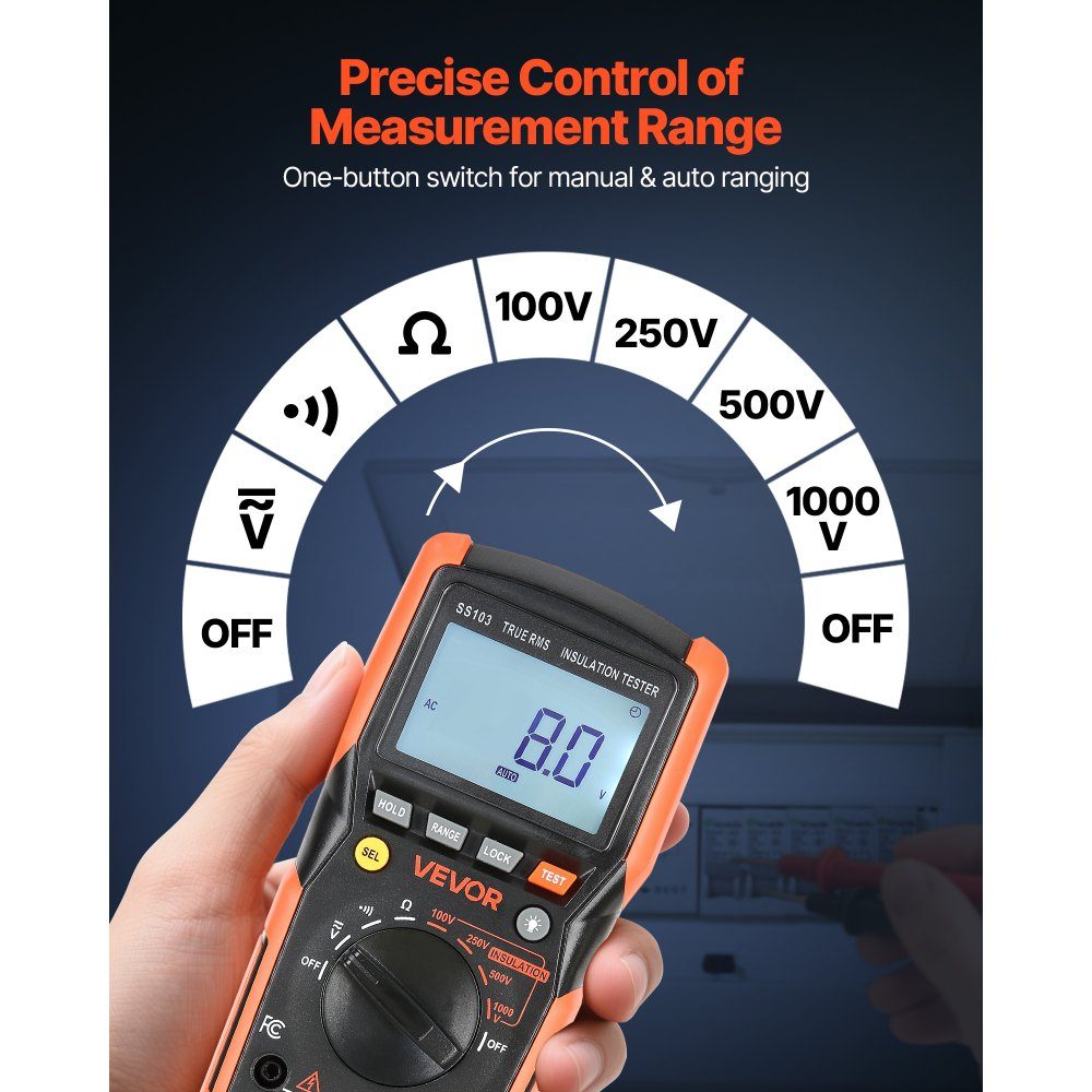 Digital Multimeter, 4000 Count TRMS Voltmeter Ohmmeter, 1000V AC/DC Voltage Tester with switchable auto/manual range for voltage, resistance and continuity measurement