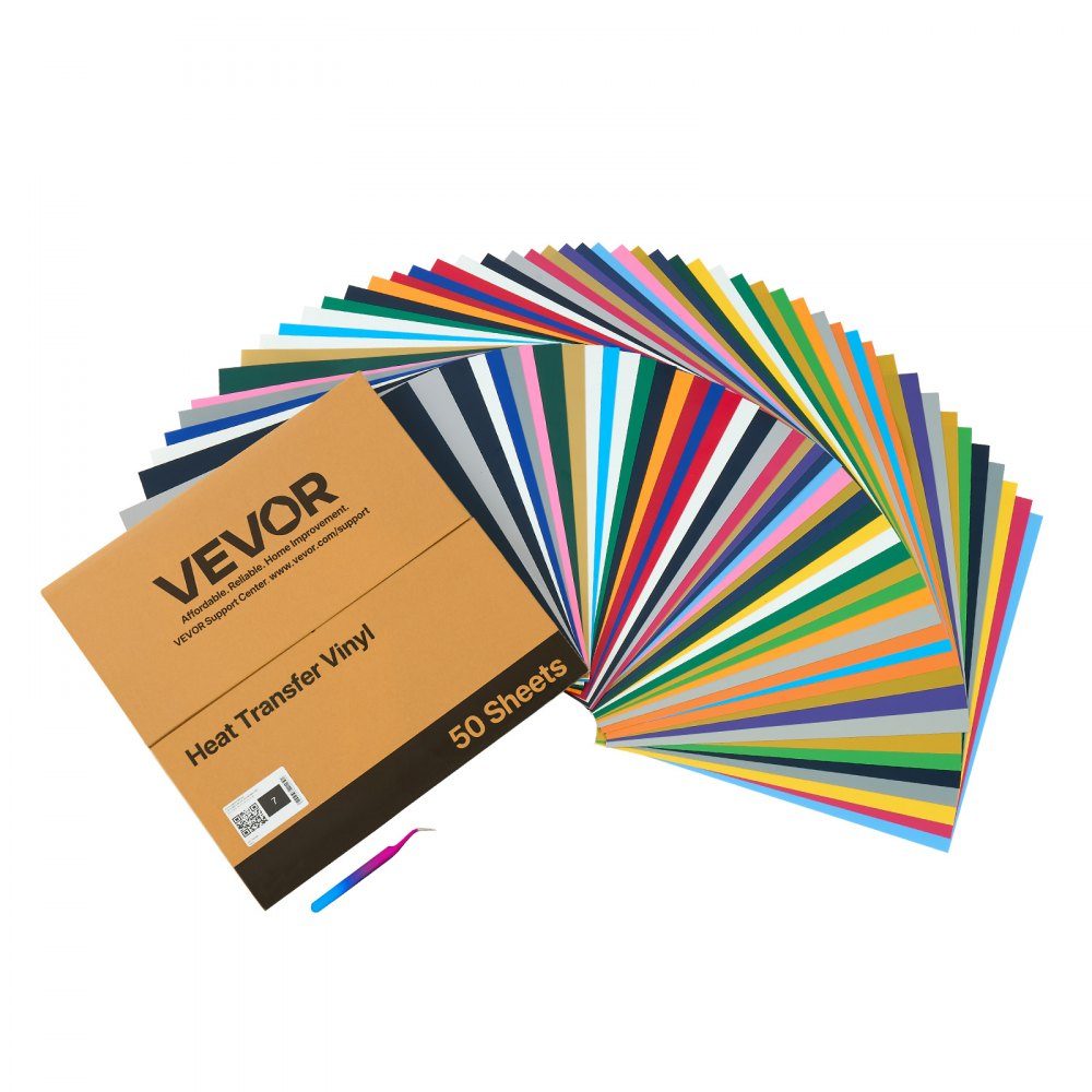 Vinylfolie warmteoverdrachtsfolie (304,8 x 304,8 mm) 50 vellen, diverse kleuren, plotterfilm compatibel met snijmachines, opstrijkfolie voor T-shirts, kussens, hoeden