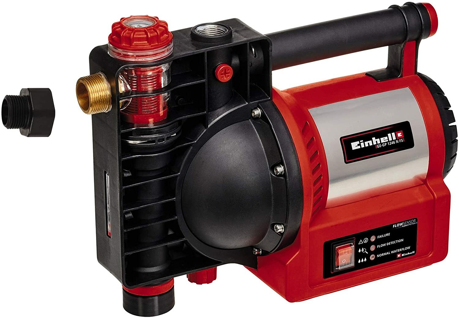 Pompe de jardin Einhell GE-GP 1246 N FS (1 200 watts, 4 600 l/h, pression de refoulement 5 bar, indicateur de remplissage d'eau/contamination/aspiration, protection contre la marche à sec, protection contre les brûlures/thermique, capteur de débit avec LE Pompe de jardin Einhell GE-GP 1246 N FS (1 200 watts, 4 600 l/h, pression de refoulement 5 bar, indicateur de remplissage d'eau/contamination/aspiration, protection contre la marche à sec, protection contre les brûlures/thermique, capteur de débit avec LE