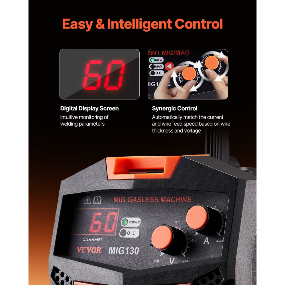 MIG Welder, 130A Synergic MIG Welding Machine, Gasless Cored Wire Welder, Portable MIG Welder with IGBT Inverter Technology and Digital Display Screen