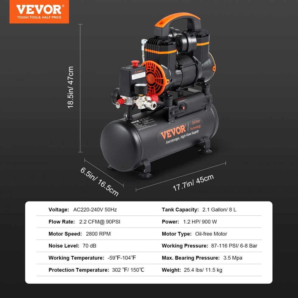 2,1-Gallonen-Luftkompressor, 1,2 PS, 2,2 CFM bei 90 PSI, ölfreier Luftkompressortank und max. 116 PSI Druck, 70 dB extrem leiser Kompressor für Autoreparatur, Reifendruck, Sprühlackierung, Nageln von Holzarbeiten