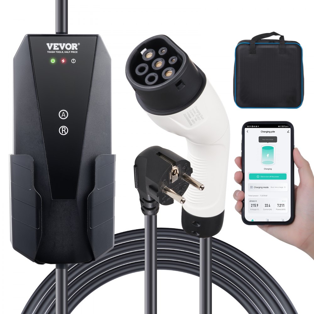 Portable EV charger 3.68 kW charger for electric vehicles EV charging cable type 2 (IEC62196) CEE 7/7 plug 8-16A 1-phase EV charging station 8.6m cable length IP66 waterproof wallbox