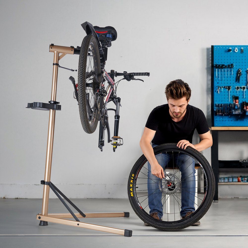 Support de réparation de vélo, support de réparation de vélo (capacité de charge de 49,9 kg) avec hauteur réglable de 1025 à 1510 mm et grand plateau à outils, support d'entretien pliable pour vélos de montagne, vélos de route