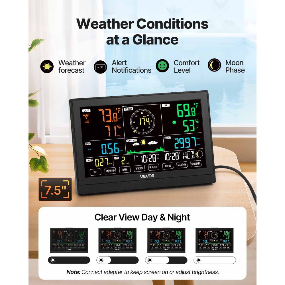 7-in-1 WiFi-weerstation met APP, 7,5-inch display, buitensensor op zonne-energie, met zwembadthermometer, regenmeter, weercentrum voor weersvoorspelling, windsnelheid, zwembadtemperatuur