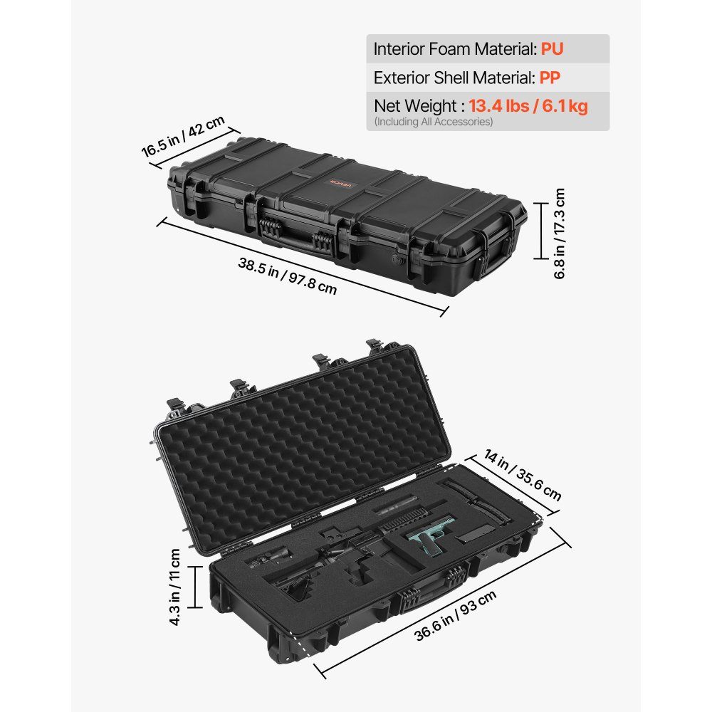 Gun case with hard shell for long guns, lockable gun case with pre-cut foam, long gun case, gun storage, rollable, IP67 waterproof, 97.8 x 42 x 17.3 cm black