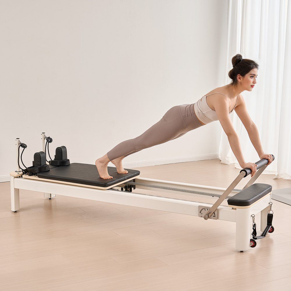 Pilates Reformer-Maschine, Pilates-Bett aus Aluminium mit Sitzbox und doppeltem Widerstand – Feder und Kordel, für Fortgeschrittene und Anfänger, Heimfitnessgeräte bis zu 400 Pfund