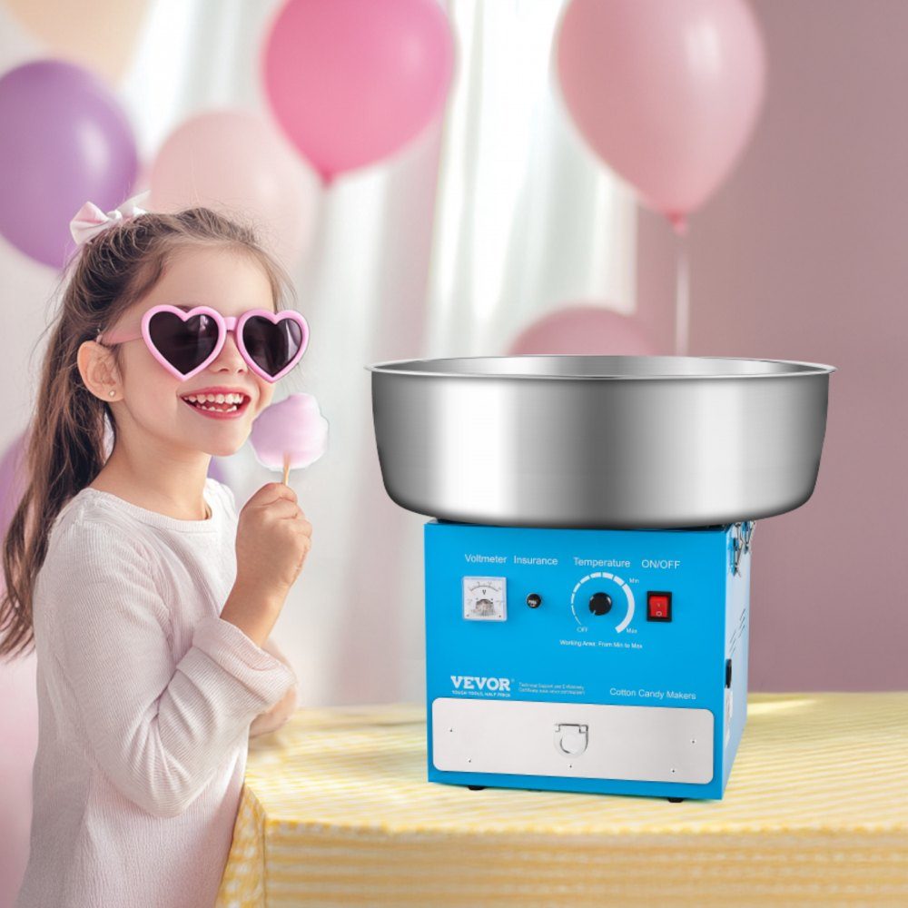 Machine à barbe à papa électrique, machine à barbe à papa commerciale (1000 W) avec bol en acier inoxydable de 52 cm, cuillère à sucre et tiroir, parfaite pour les anniversaires d'enfants, les réunions de famille, les fêtes, bleu