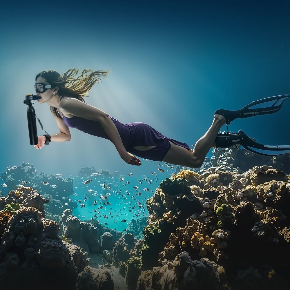 0.5L Diving Bottle, Portable Diving Bottle, Oxygen Bottle for Diving Support, 5-10 Minutes Underwater Breathing, 30m Diving Depth, Refillable Snorkel Air Tank with Pump