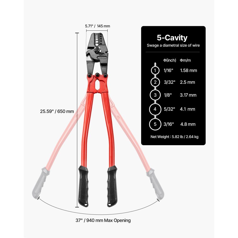 Crimping Tool 24" Crimping Tool Crimping Tool 1/16 3/32 1/8 5/32 3/16" 2 in 1 Tool Crimp Hand Cable Lugs Alloy Crimping Tool