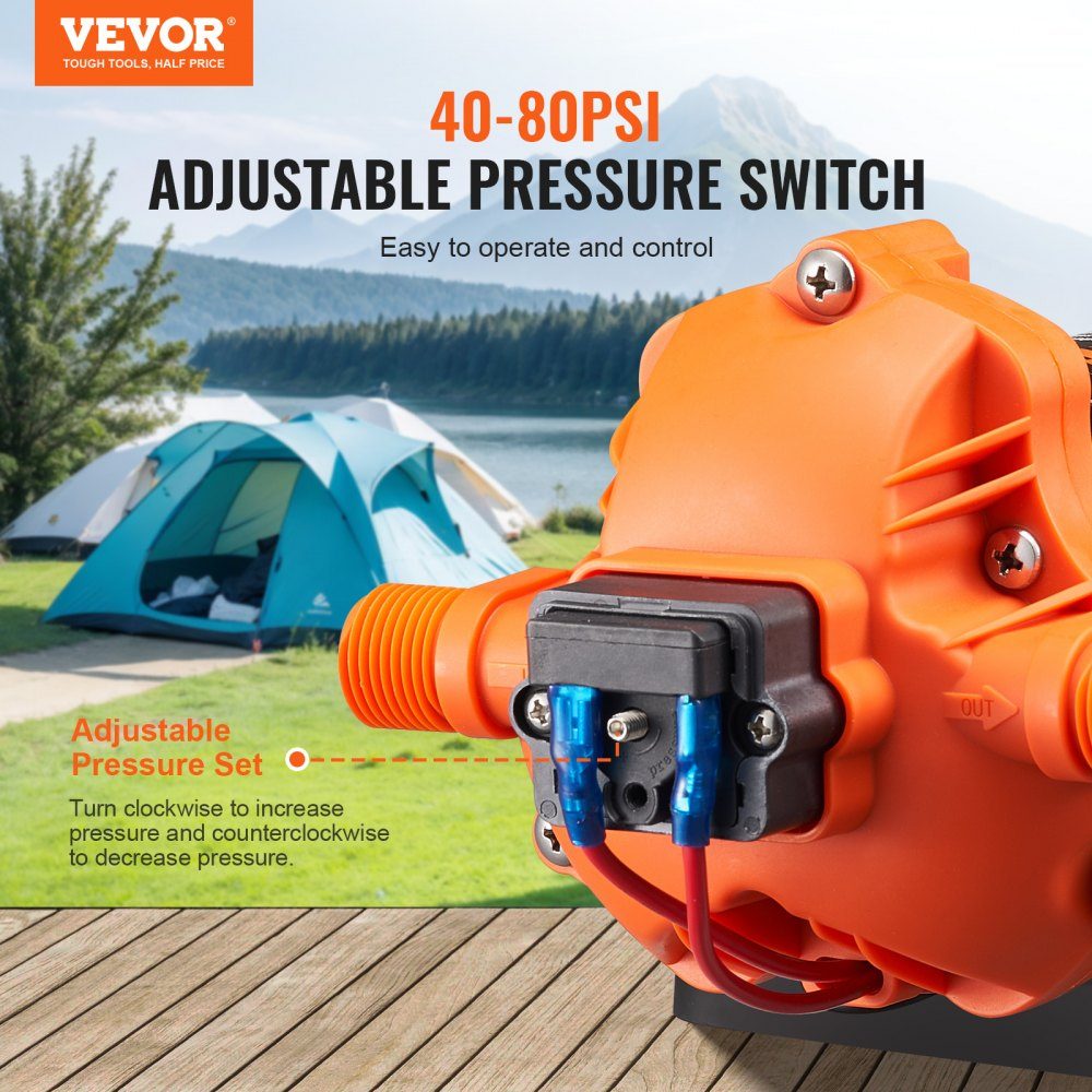 12-V-Membranpumpe, 6,81 l/min, 3-Kammer-Gleichstrom-Wasserpumpe mit automatischem Druckschalter, 40–100 PSI, verstellbar, 60 PSI, 1/2 Zoll MNPT-Anschluss für Wohnmobil, Yacht, Food Truck, Camper, Marine