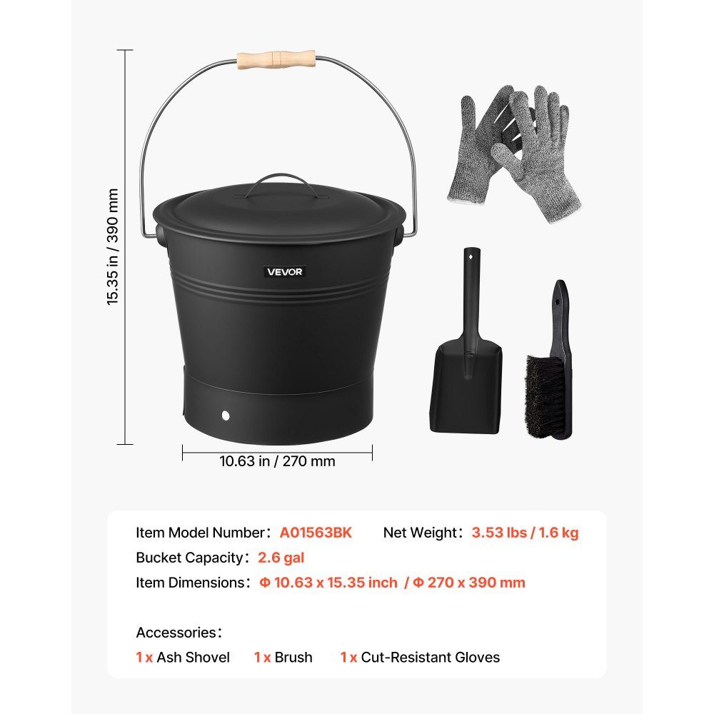 Ash bucket with lid, 4 parts. Set with coal bucket, shovel, broom and gloves, fireplace coal bucket and metal ash container, 9.8 liter capacity for fireplaces, fire pits, wood stoves
