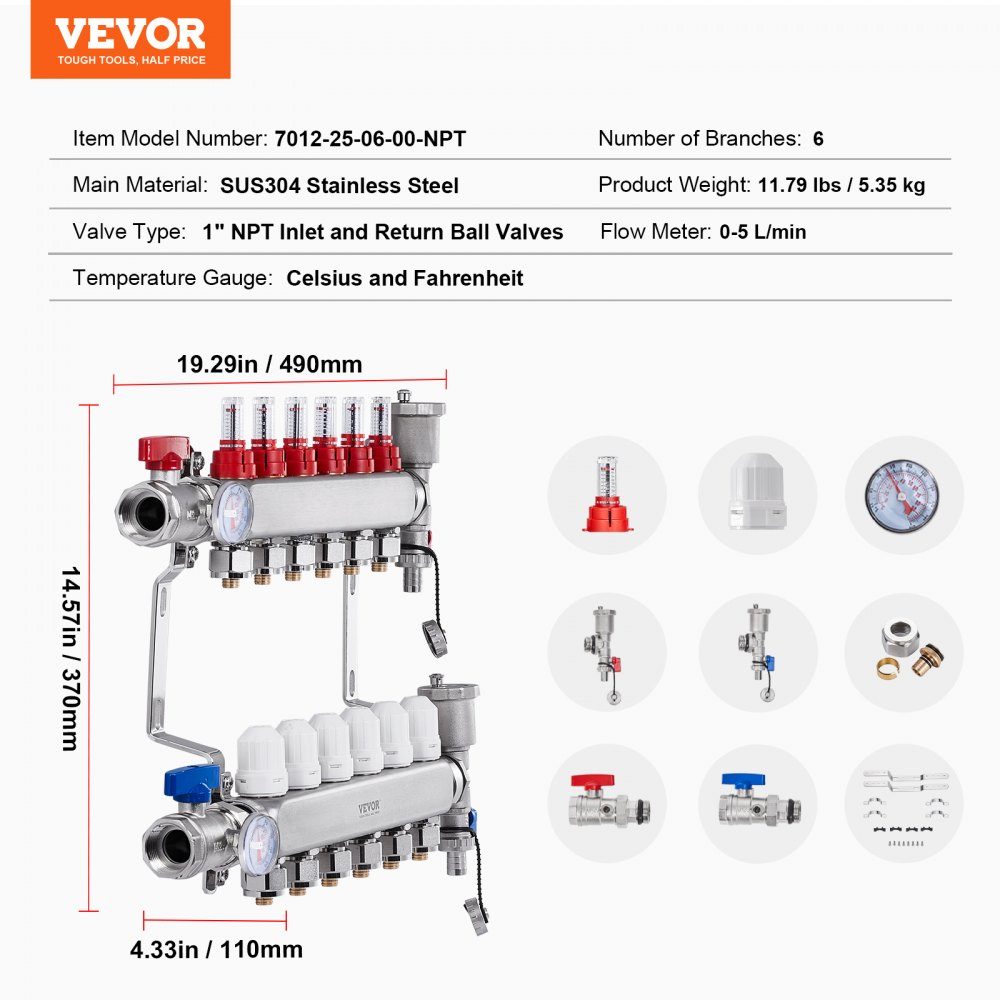 Wärmeverteiler mit 6 Zweigen, 1/2-Zoll-PEX-Rohrverteiler, PEX-Verteiler aus Edelstahl für hydronische Fußbodenheizung, Wärmeverteilungs-PEX-Verteiler-Kit mit 1/2-Zoll-Adaptern im Lieferumfang enthalten