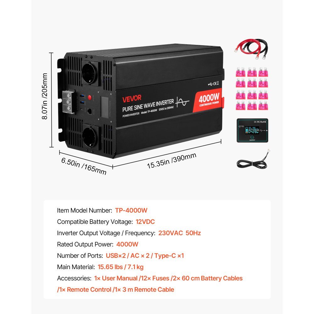 4000 W stroomomvormer 12 V DC naar 230 V AC zuivere sinusomvormer met LCD-scherm, afstandsbediening, 2 USB-poorten, 2 AC-aansluitingen, Type C-poort voor campers, vrachtwagens buiten – Artikelnr. HT-22433