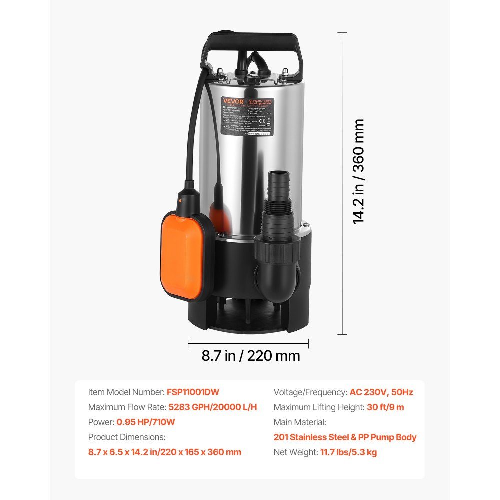 710W Tauchpumpe, 20000l/h, Schmutzwasserpumpe für Abwasser, Schmutzwasser & Reinwasser mit automatischem Schwimmerschalter, 9m Förderhöhe, für Pools, Teiche, überschwemmte Gebiete