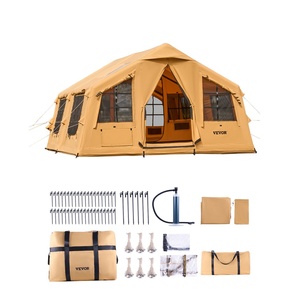 Inflatable camping tent for 8-12 people with hand pump, 4.8 x 3.6 x 2.2 m glamping tent with 2 skylights, canopy, stove connection, 2 doors and mesh windows, storage bag Inflatable camping tent for 8-12 people with hand pump, 4.8 x 3.6 x 2.2 m glamping tent with 2 skylights, canopy, stove connection, 2 doors and mesh windows, storage bag
