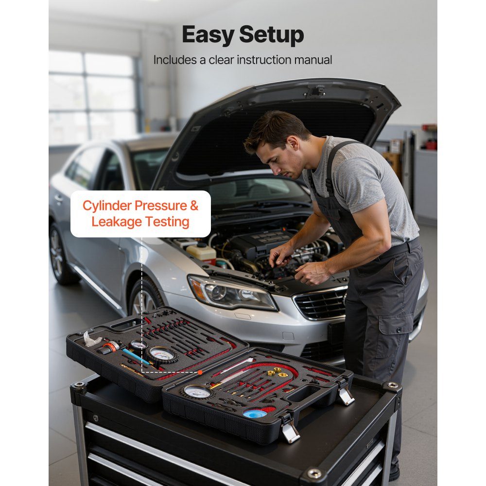 Engine Cylinder Pressure Loss Tester, Pressure Gauge (0-700psi), Leakage Gauge (0-100psi), Cylinder Pressure Tester with 4 Adapters, Automotive Compression Test Kit, Pressure Test and Leak Rate Measurement