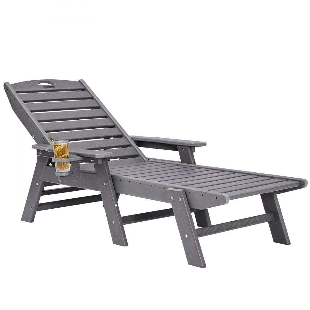 Ligstoel 400 lb belasting HDPE Tuinligstoel Strandligstoel met 6-voudig verstelbare rugleuning Armleuning Bekerhouder Balkonligstoel Patio Ligstoel voor Zwembad Patio Patio Gazon Grijs