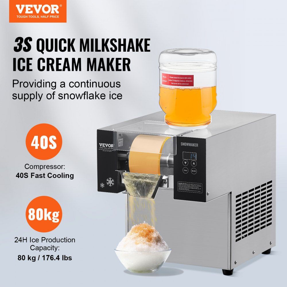 Commercial Snowflake Ice Machine, Snow Ice Machine, 80kg/24 Hours Snowflake Ice Machine, Ice Shaver, Electric Snow Cone Maker with Air Cooling System and Touch Screen for Bakery Cafe