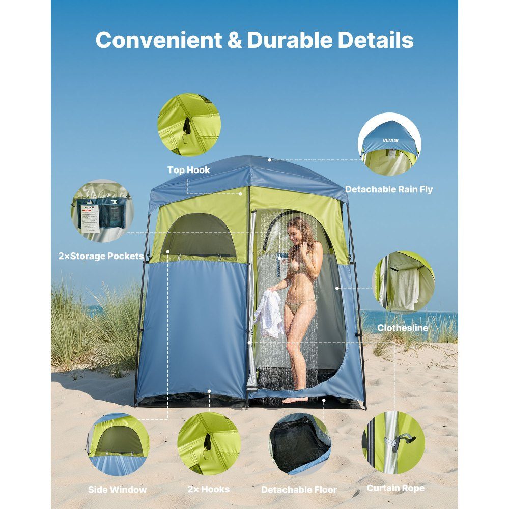 Shower tent with 2 rooms, toilet tent (2133x1067x2133 mm) with shower bag, changing tent including pegs & ropes & carry bag & support poles, made of 150D Oxford fabric for camping, beach, fishing