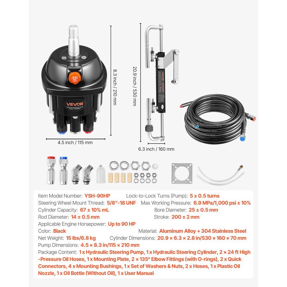 Zestaw hydraulicznego układu kierowniczego do silnika zaburtowego, hydrauliczny układ sterowania łodzią o mocy 70 kW (90 KM), z pompą sterującą 6,9 MPa, dwukierunkowym cylindrem blokady i wężami o wysokiej wytrzymałości o długości 7,3 m, do pojedynczego s