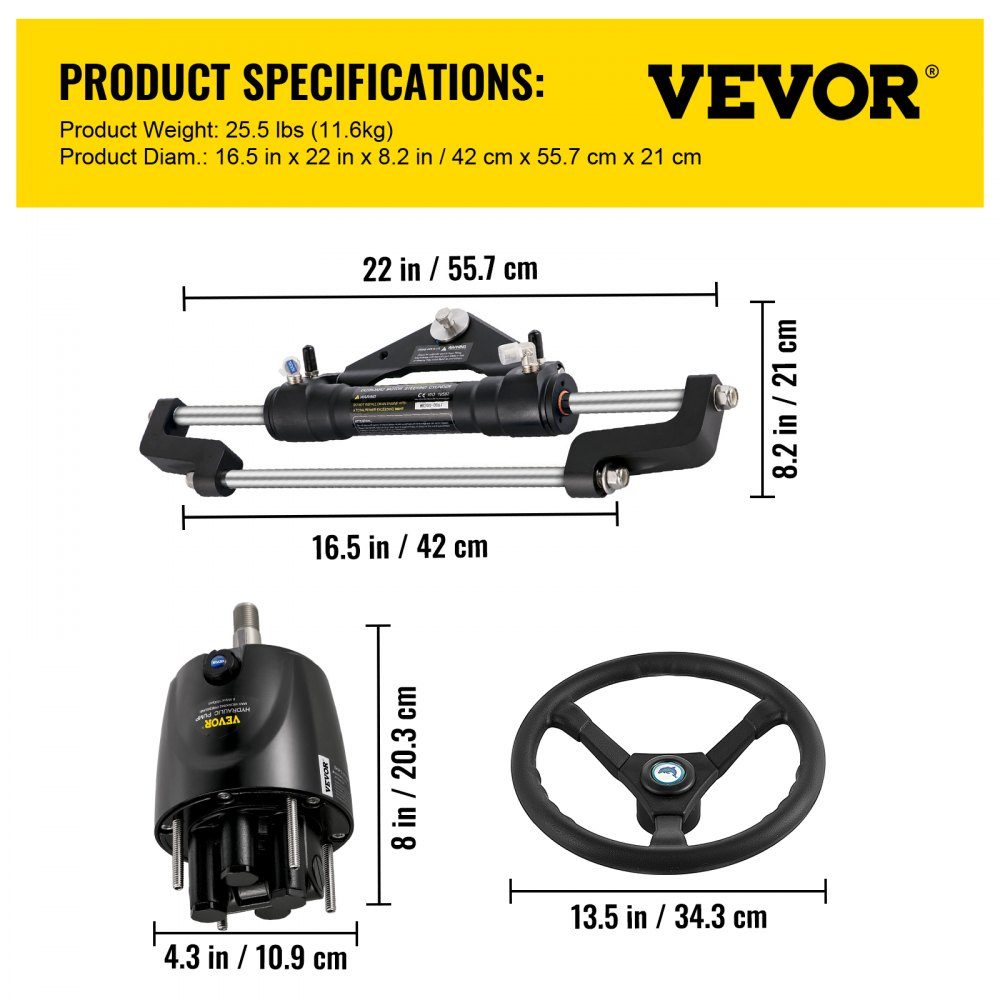 Hydraulisches Bootslenkungsset, 300-PS-Hydrauliklenkungsset, Lenkpumpe, Zylinder, Rad, 24-Fuß-Schlauch, hydraulisches Lenkungsdichtungsset, korrosionsbeständiges Bootslenksystem, Marine