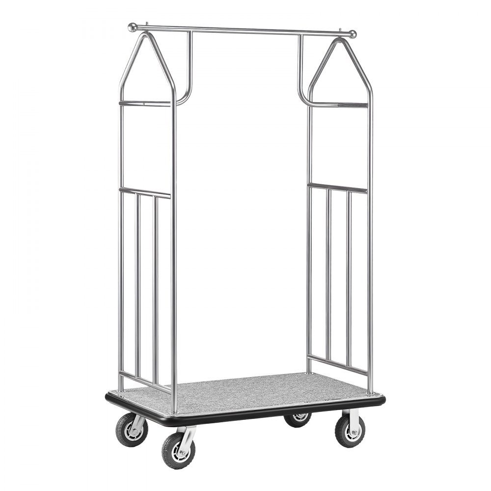 Hotel-Gepäckwagen, 800 Pfund Kapazität, Edelstahl-Gepäckwagen, Gepäckwagen, Seitenwagen mit grauem Teppichboden und 15,2 cm großen Gummirädern, ideal für Hotels, Eigentumswohnungen, Resorts, Silber