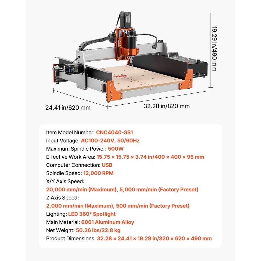 CNC-Fräsmaschine, 500-W-Spindel, 3-Achsen-Graviermaschine mit zwei Linearführungen und Kugelumlaufspindel, Arbeitsbereich von 400 x 400 x 95 mm, Trimmer für Holz und Acryl