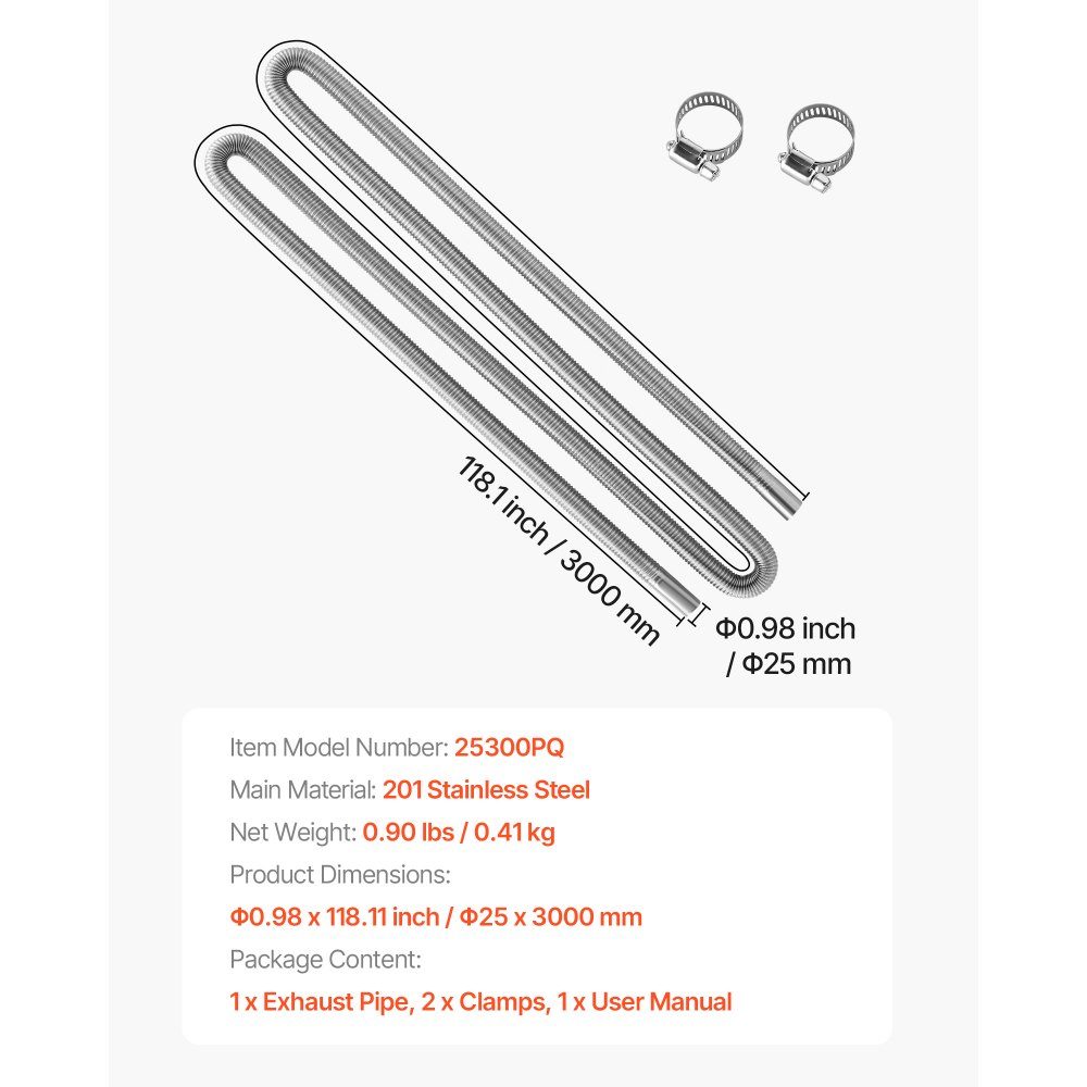 Exhaust pipe auxiliary heater Flexible exhaust hose 300 cm for car diesel heaters with 2 clamps, stainless steel exhaust pipe with Φ 25 mm cross section for 2 kW / 5 kW / 8 kW diesel heaters air heaters