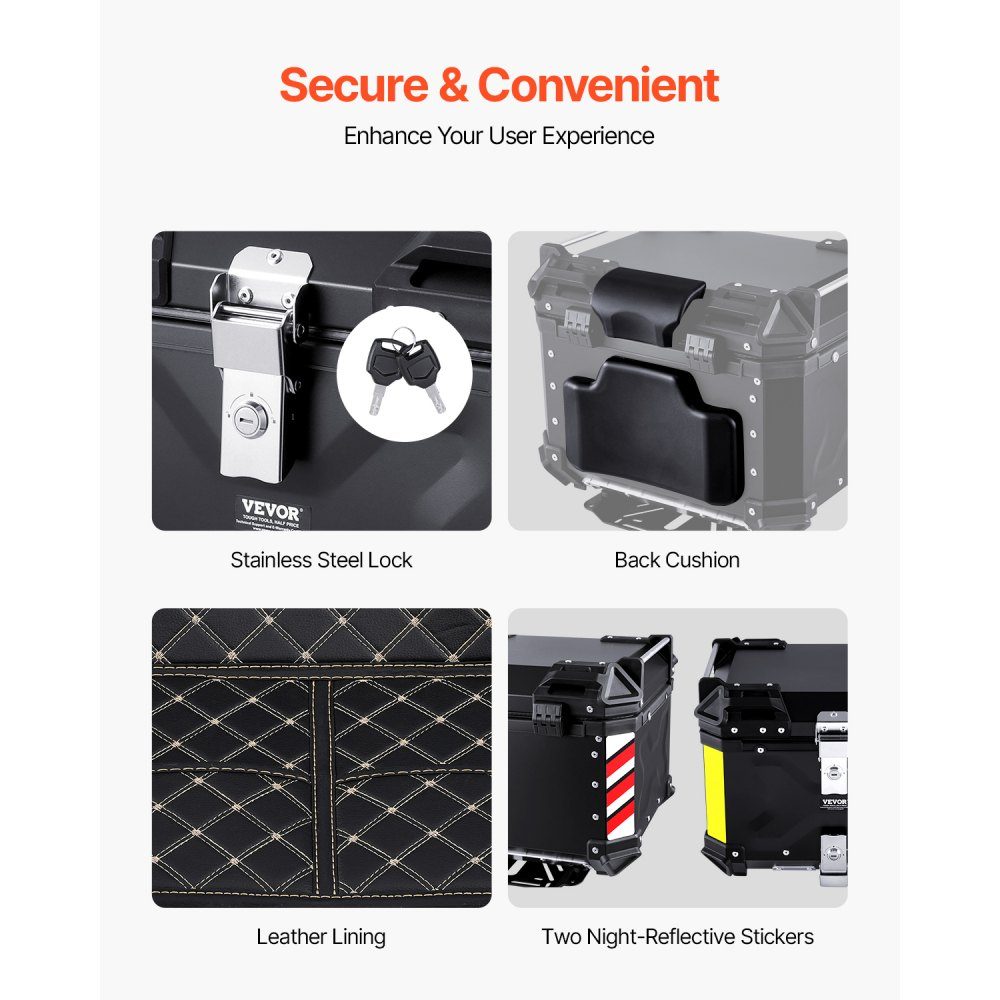 Motorrad-Topcase, Motorradkoffer, 55 l, Aluminiumlegierung, Heckbox mit Lederfutter, abnehmbare Motorrad-Topbox mit Schloss und Rückenpolster, Helmkoffer (470 x 430 x 367 mm), Schwarz