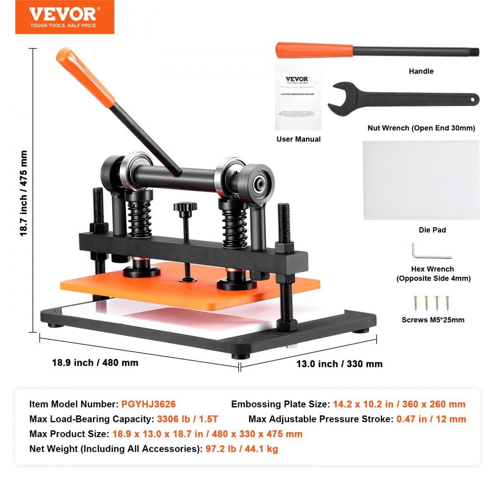 Leather Punching Machine Manual Leather Cutting Machine 36x26cm, Leather Embossing Machine 1.5t Heavy Duty Leather Punching Machine Suitable for leather, PVC/EVA foam, non-adhesive materials