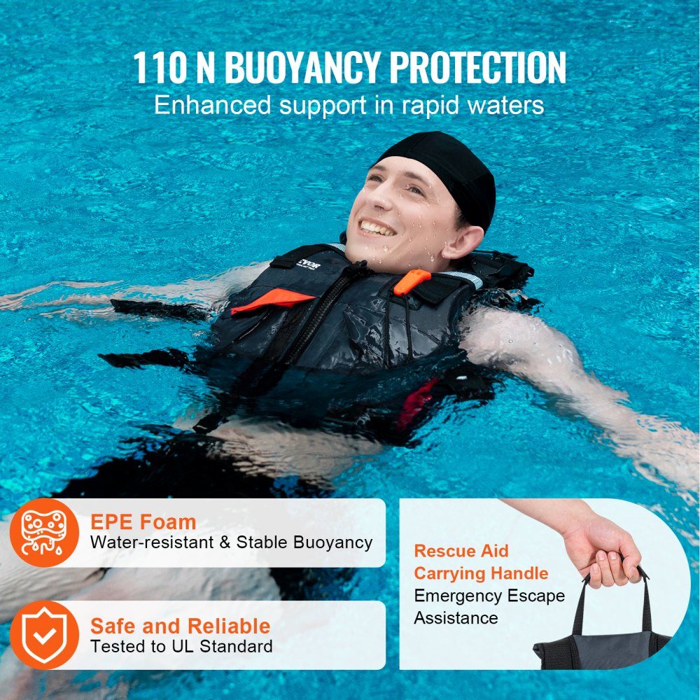 Water Sports Life Jacket PFD 110N Buoyancy Vest Waterproof Nylon Life Jacket for Water Activities Fishing Kayaking Surfing Boating Men Women XL