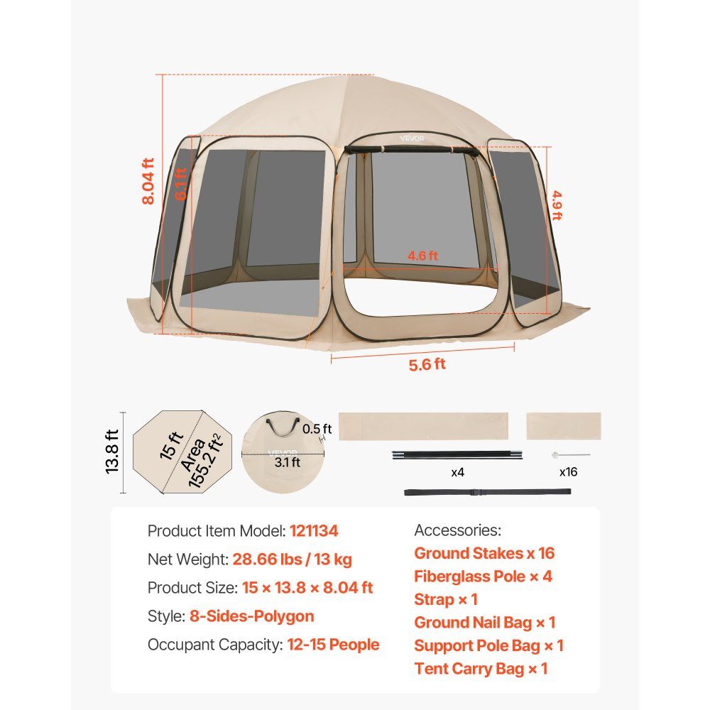 Kampeertent, 457,2x420,6x245 cm, partytent voor 12-15 personen, pop-up tent, inclusief draagtas, mesh zijwanden en haringen, voor tuin, terras en buitenactiviteiten, beige