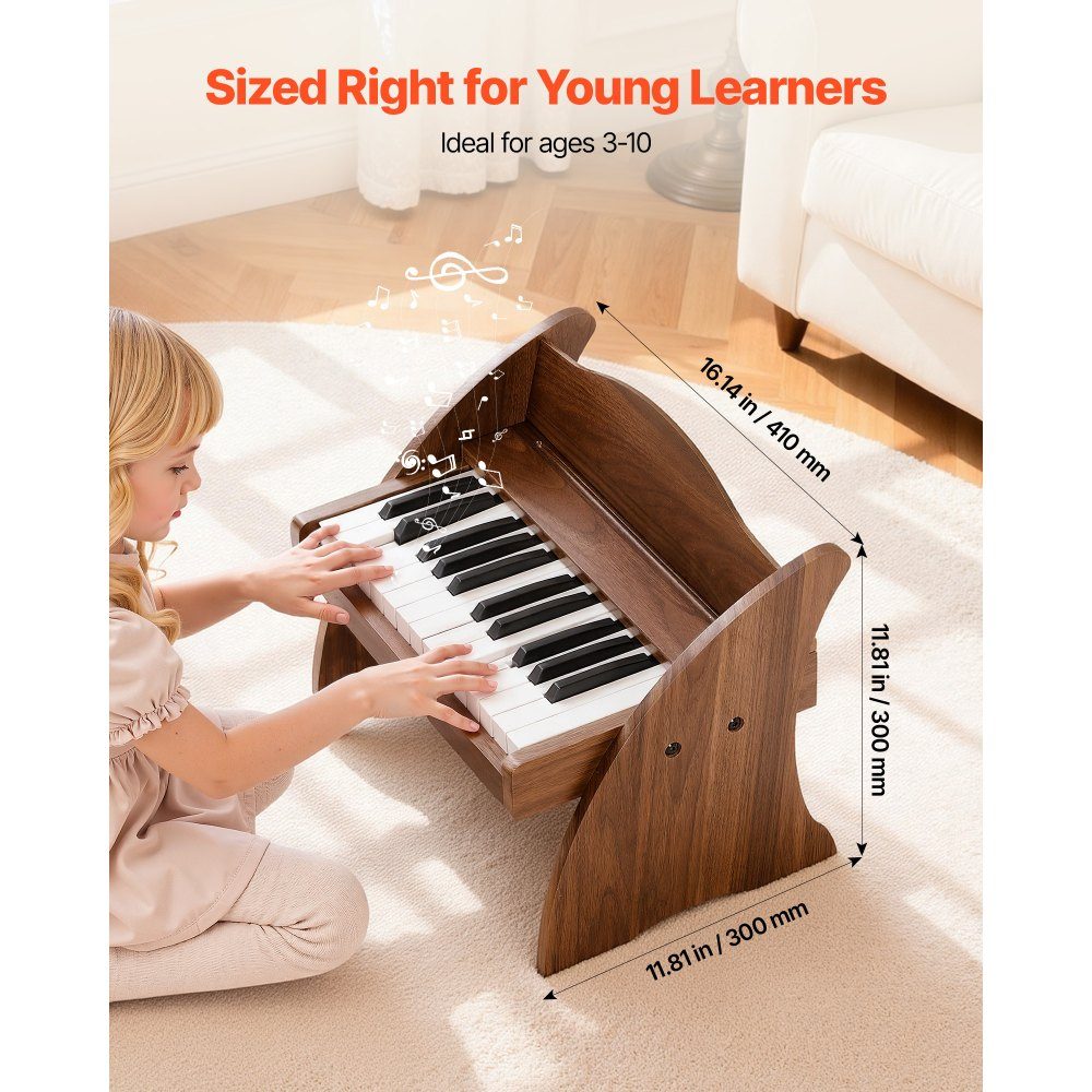 Children's keyboard, 25 keys, electric piano, wooden piano for children aged 3 and over, musical toy with realistic sound, dual power, adjustable volume, early musical education, walnut wood