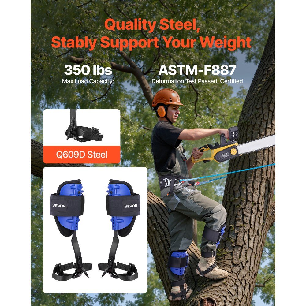 Tree Climbing Tips, Height Adjustable Tree Climbing Equipment with Straps and Waist Belt, Load Capacity 300 lbs, Heavy Duty Steel Crampons, Tree Care Equipment for Fruit Picking and Hunting, Blue