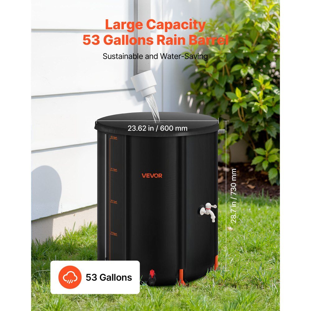 Foldable Rain Barrel 201L Portable Rain Barrel Rainwater Tank 1000D PVC Rainwater Collection System Water Tank Rainwater Barrel with Faucet and Overflow Kit Black