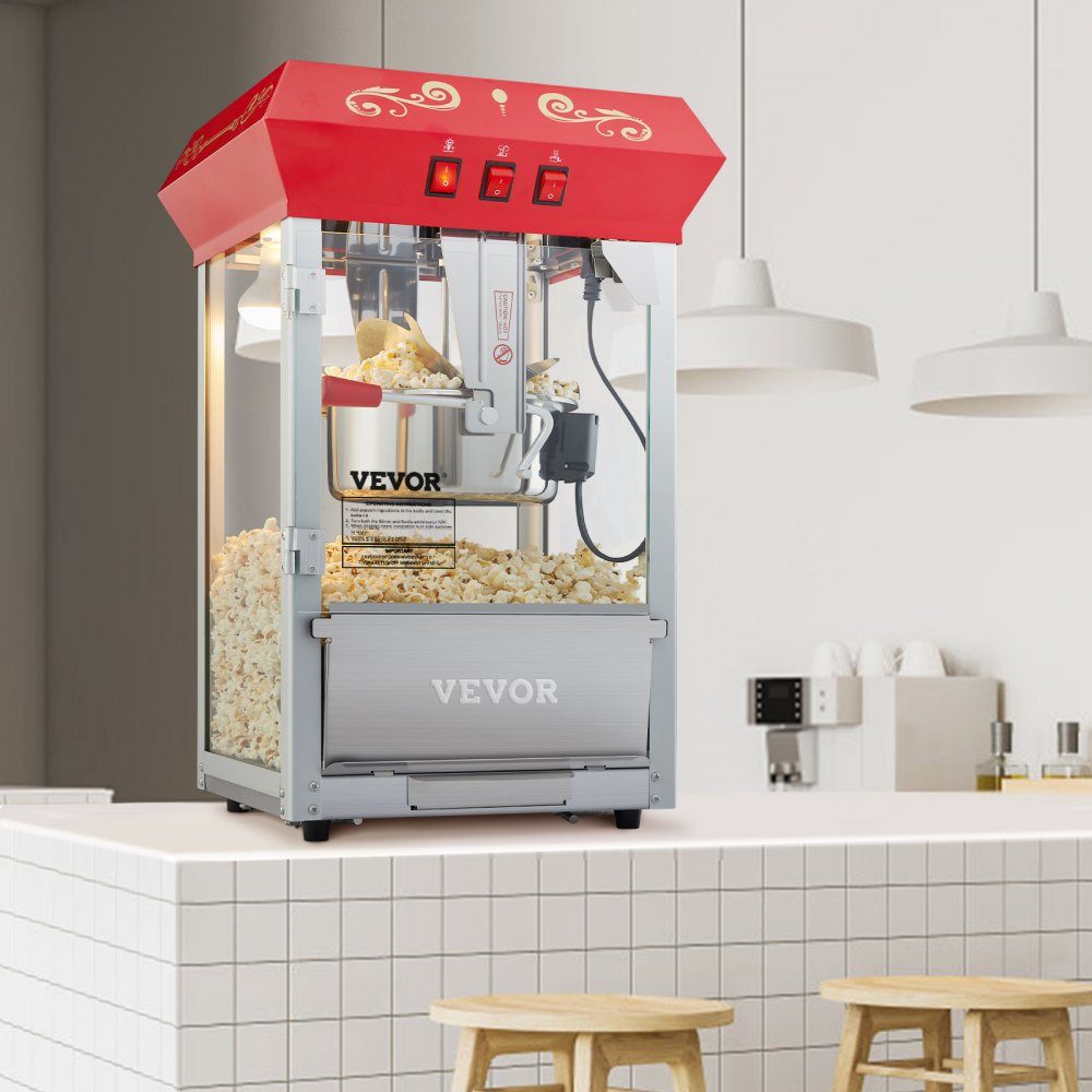 Machine à pop-corn Machine à pop-corn Machine à pop-corn 850 W, bouilloire de 8 oz pour 48 tasses par charge, machine à pop-corn de comptoir avec verre trempé, comprend une machine de style cinéma à 4 boules