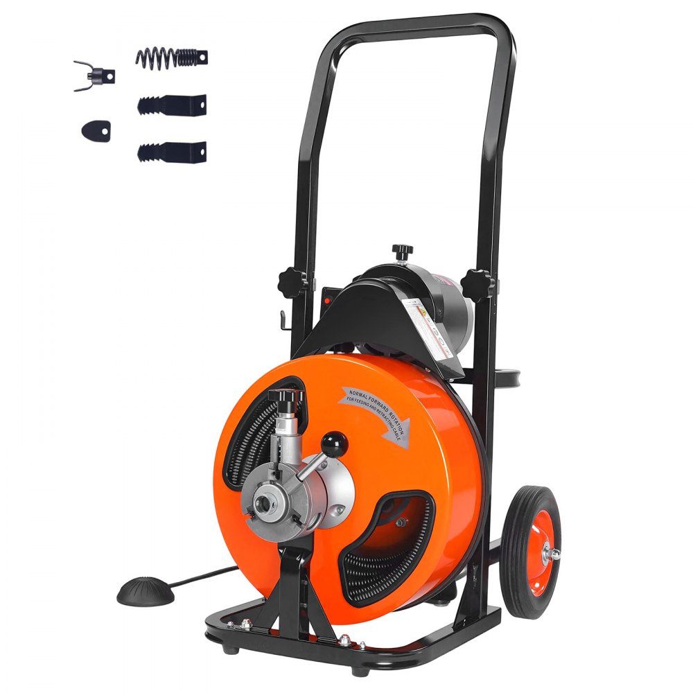 Pipe cleaning machine with automatic feed, 30m x 9.5mm pipe cleaning spiral with rollers, electric pipe cleaner for 5-10cm pipes, pipe cleaning device for drains, toilets, sinks