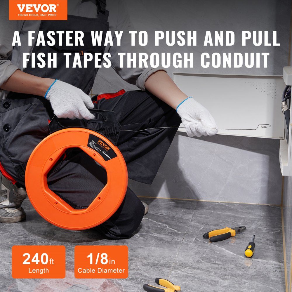 Cable pulling aid 73.2 m High-quality cable pulling cable made of high manganese steel including cotton gloves. Pull wire for empty pipes with break-proof cable [3mm] Tension spring pulling aid