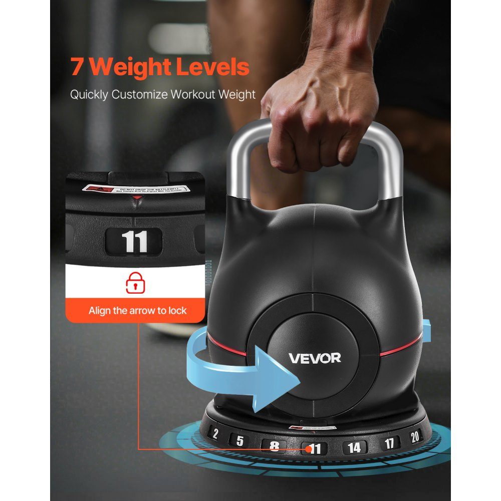 Kettlebell regulowany Kettlebell z 7 poziomami obciążenia (2/5/8/11/14/17/20 kg), hantle wahadłowe wykonane z ABS + odlewanego ciśnieniowo aluminium, do treningu siły chwytu, treningu całego ciała, treningu przekrojowego, czarny