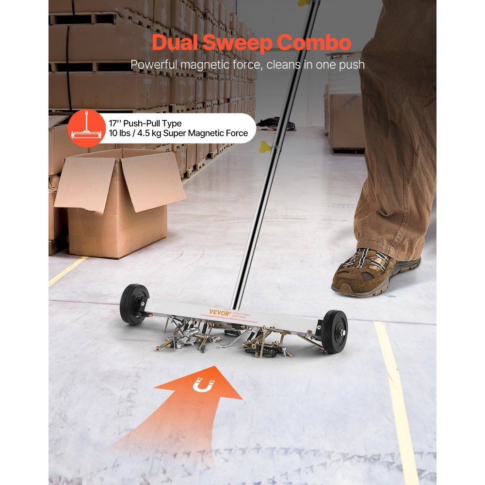 Magnetic sweeper Magnetic sweeper with wheels 43 cm, 4.5 kg load capacity, magnetic broom with adjustable handle, for picking up nails and screws, cleaning for garages, roof projects