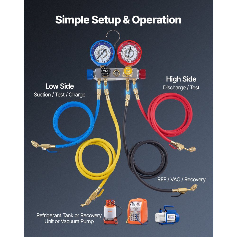 Air Conditioning Pressure Gauge Set for Refrigerant R22 R404A R410A R12, 4 Way Pressure Gauge with 1.5m Hoses, for Maintenance, Evacuation, Filling, Restoration of Air Conditioning Systems in Vehicles, Households