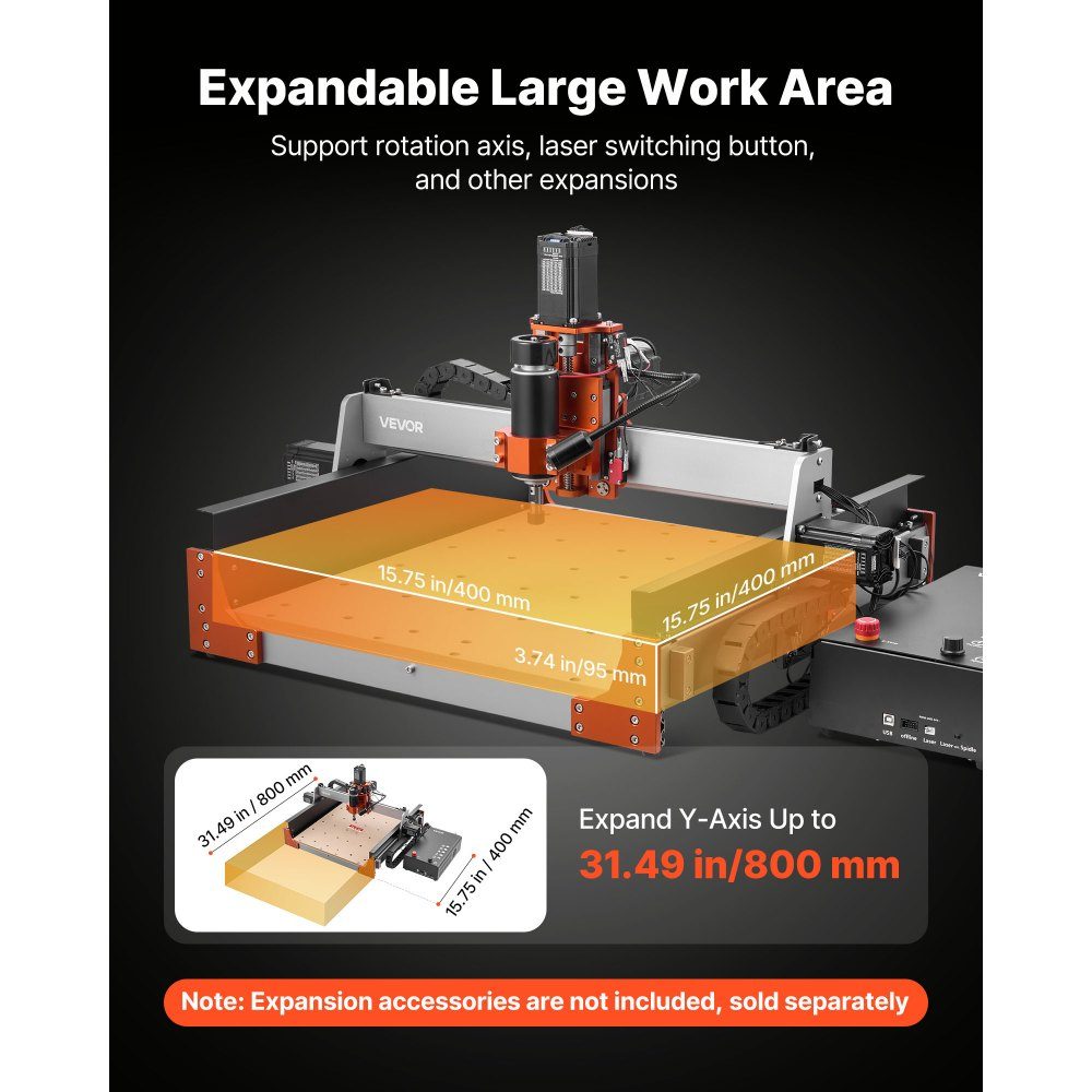 CNC-Fräsmaschine, 500-W-Spindel, 3-Achsen-Graviermaschine mit zwei Linearführungen und Kugelumlaufspindel, Arbeitsbereich von 400 x 400 x 95 mm, Trimmer für Holz und Acryl